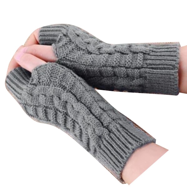 1 par strikkede halvfingerhansker Jacquard akryl varme tykke myke grå hansker for vinter