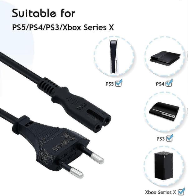 1,5 m svart C7 EU-strømkabel - universell passform for PlayStation- og Xbox-spillkonsoller