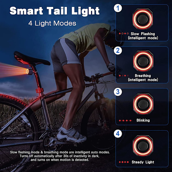 Smart Baglygte til Cykel med Fjernbetjening - USB Opladbar, Vandafvisende, Tyverialarm, Automatisk Til/Fra