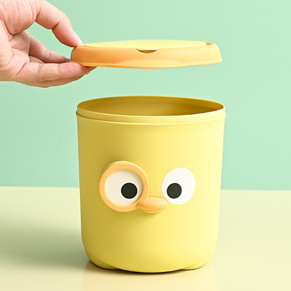 Mini søppelbøtte med lokk søt tegneserie design plast benkeplate søppelbøtte med lokk for bord nattbord skrivebord kontor gul