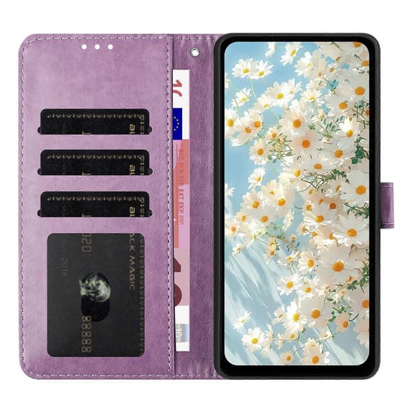 Leather Case with Embossed Daisy Pattern, Wallet Stand, Protective Phone Cover for Samsung Galaxy A56 5G Light Purple