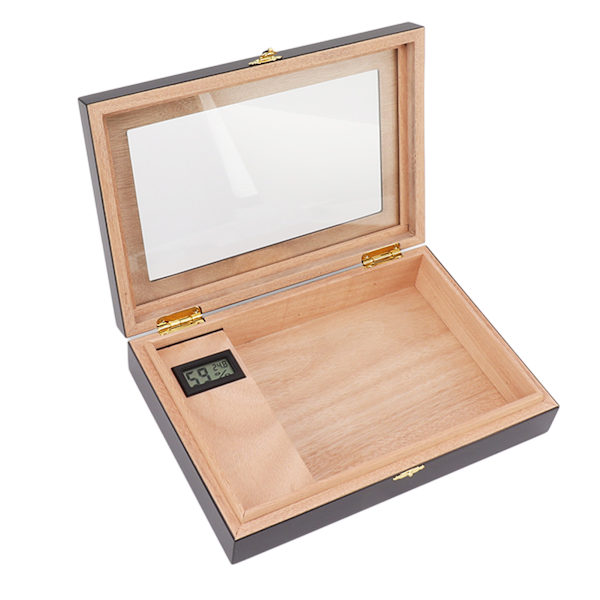 Sigar Humidor Treboks i tre med fukter, hygrometer og gjennomsiktig topp i akryl for 20 sigarer - Svart