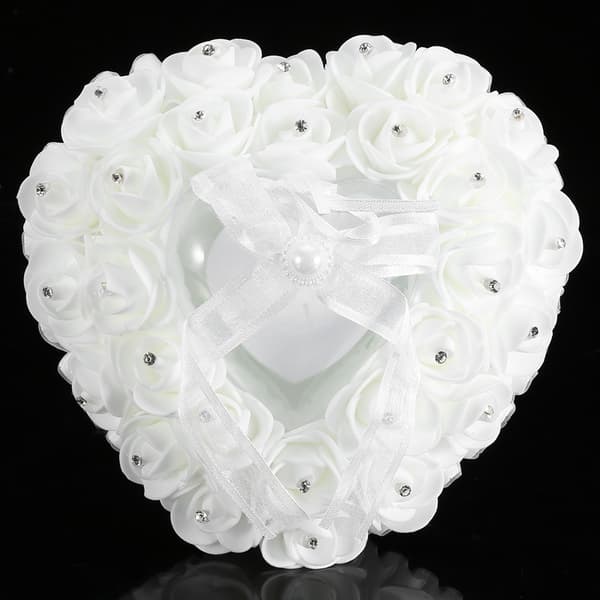 Romantisk hjerteformet gifteringboks Rose Rhinestone dekor ringpute (hvit)