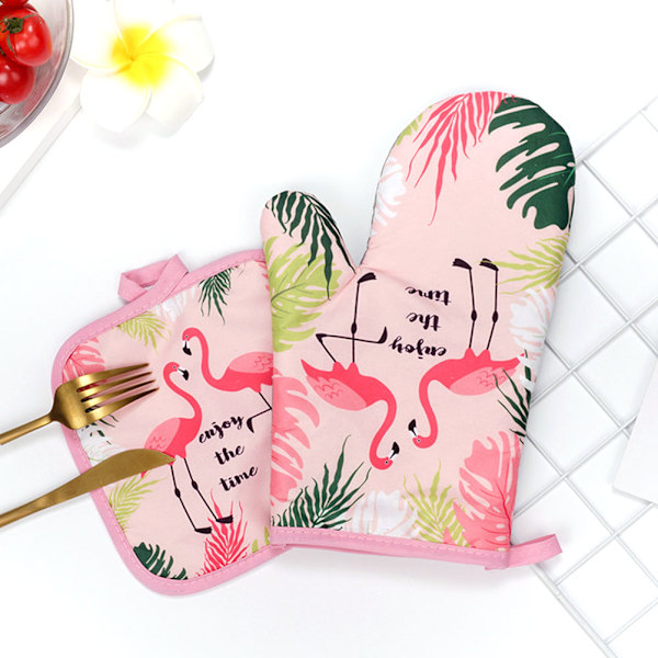 Flamingo Tjocknande Bakning Hit Resistenta Handskar Pads för Ugn Mikrovågsugn Isolering Matta Kök Matlagning Tillbehör