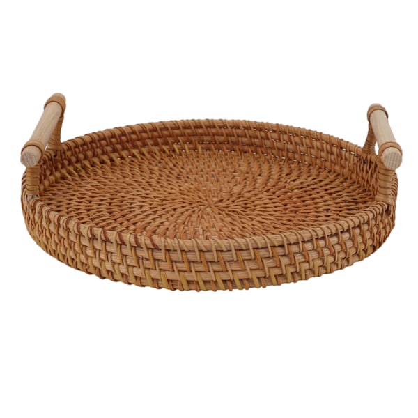 Rattan Fruktbricka med Massiva Trähandtag Utsökt Handvävd Rund Serveringsbricka för Förvaring Display Bröd Frukt L