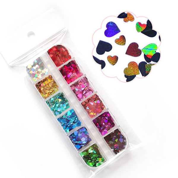 12 Färgade Holografiska Nagelkonst Glitterset med Fjäril Hjärta Stjärna och Lönnlöv Sekvenser för Kreativ Nageldesign