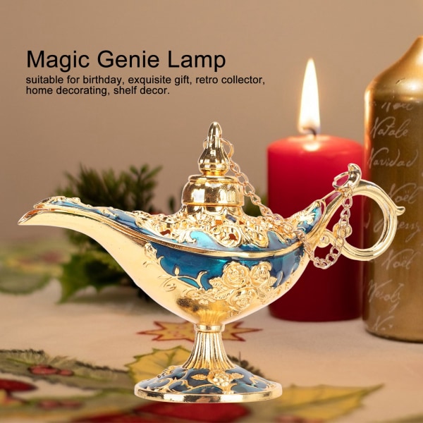 Magic Genie-lampe Utsøkt fargeekt iøynefallende legering med preget mønster Genie-lampe for kontor på soverommet Gull+BLÅ 4,7 tommer