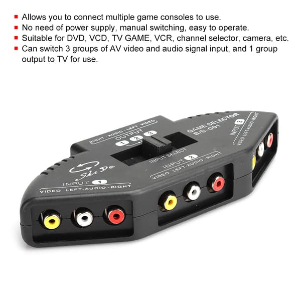 3 i 1 Ud Audio Video RCA Splitter Sort Switch Vælger med AV Kabel til DVD VCD VCR Sort