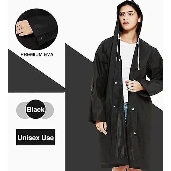 Poncho, 2 stk. sort genanvendelig regnslag poncho, regn poncho til mænd og kvinder, voksen regnslag med hætte vandreture camping regntilbehør