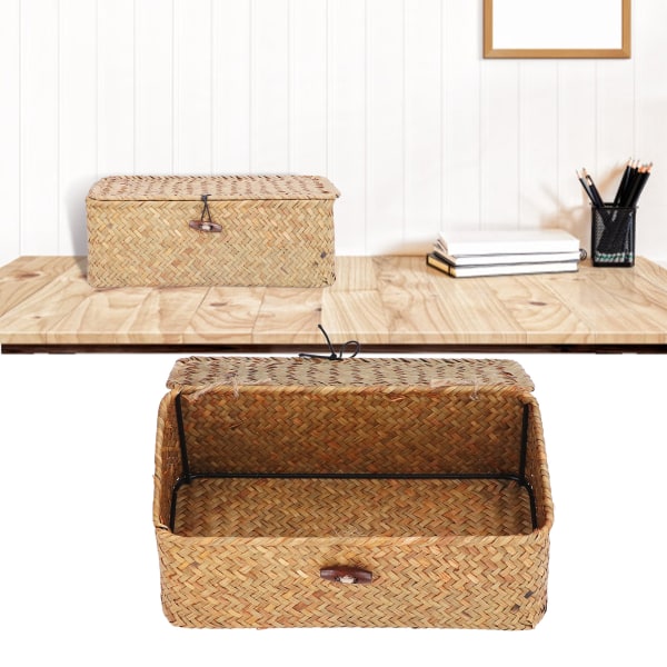 Vävd sjögräs rektangulär förvaringskorg med lock - Desktop Organizer