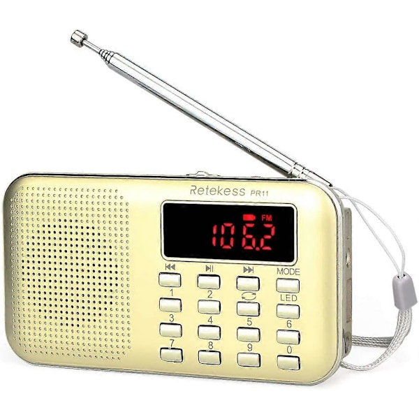 PR11 Bærbar Radio Gullradio, FM AM Batteri- og Nettstrømsradio, MP3, Høyttaler, Støtte TF-kort/USB, Lommelykt, Egnet for Overlevelse, Bad, Reise og O