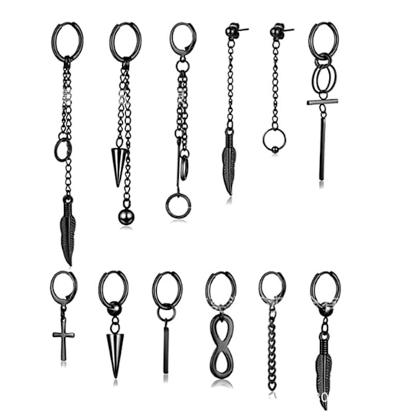 12PCS Metal Tassel Earrings Stainless Steel Decorative Dangle Earrings Earwear Jewelry Set Black