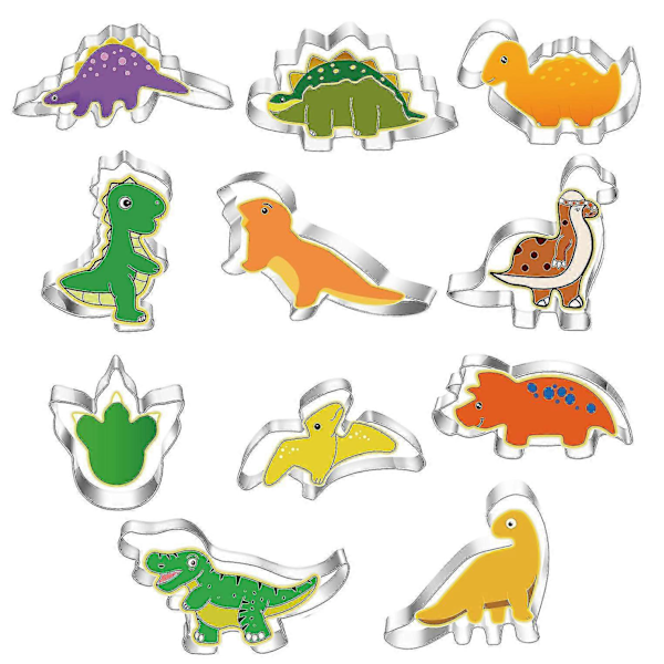 Dinosauruskageform, fondantkageform kompatibel med børns kagebagning, kageformsæt i rustfrit stål, dinosauruskageform 11 stk.