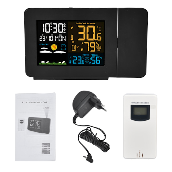 Inomhus- och utomhustermometer 60 m överföringsklockprojektionsfunktion Temperaturprognos Digital hygrometer EU 100-240V