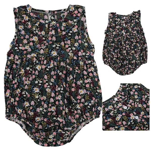 Nyfödd baby blommig jumpsuit sommar ärmlös kavajslips body för spädbarn babykläder svart 73cm