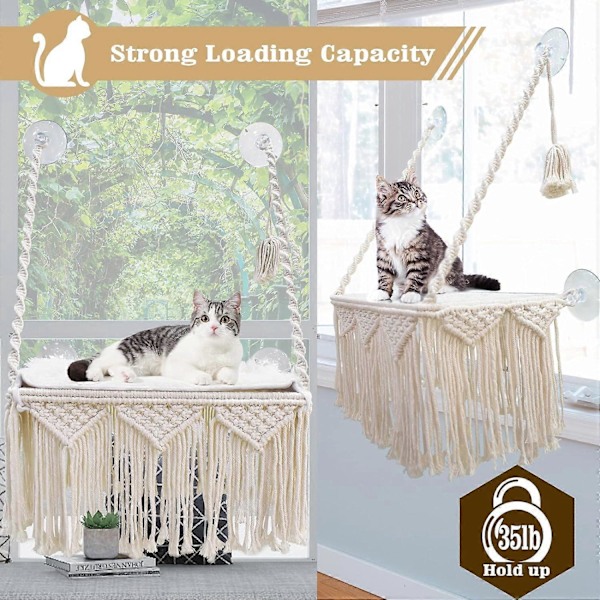 Kattfönsterbräda Makramé Katthängmatta Boho Väggmonterad Husdjursviloplats Säng - Vikt upp till 16 kg.