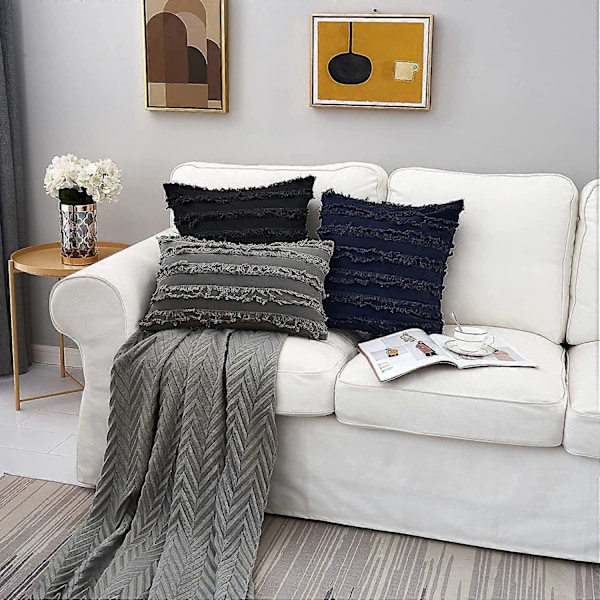 Svarta Prydnadskuddar för Soffa Säng, Bomull Linne Dekorativa Kuddar Kuddfodral, 40 x 40 cm, Set med 2, Inga Innerkuddar