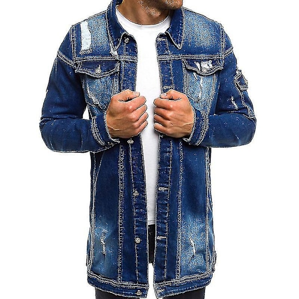 Trendy Herre Lang Ripped Denim Jakke for Vår og Høst L MØRK BLÅ