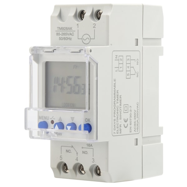 Digital Analog Timer Switch DIN Rail Storskærm Display Programmerbar 85‑265V 16A-Hvid-1 stk.