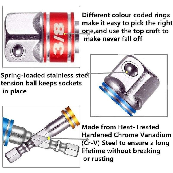 Adaptere til topholder til boremaskine/slagboremaskine. Sæt med 3 firkantede chuck-adaptere 1/4\", 1/2\", 3/8\" i kromvanadium
