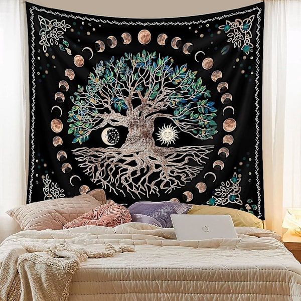Tree of Life -seinävaahto - Moon Sun Black Psykedeelinen Mandala Starry Sky Hippie-sisustus makuuhuoneeseen (1 kpl)