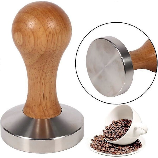 2025 Ny Espresso Tamper Rustfrit Stål 57,5 ​​Mm Base Kaffebønne Presser med Træhåndtag
