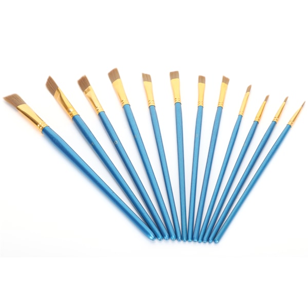 12 stk. pensel sæt flad spids nylon uld blå stang træ aluminium rør maling pen