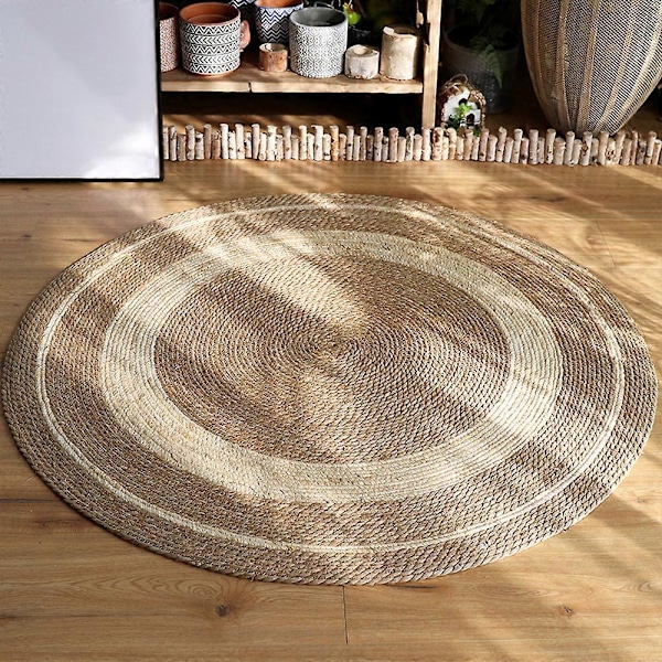 Dekorativt Rundt Teppe 90cm Jute Tofarget Hvit