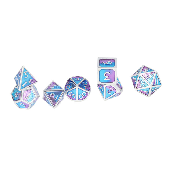 7-delad polyhedral tärningssats i metall för rollspel med förvaringslåda för brädspel och matematikundervisning, blå och lila