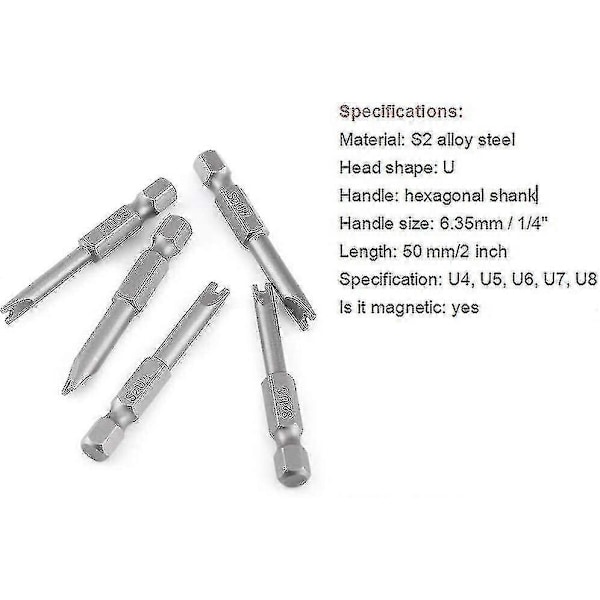 5 kpl 50mm S2-seosterästä U-muotoisia ruuvimeisselikärkiä 1/4\" kuusiovarsi U-muotoinen magneettinen ruuvimeisseli