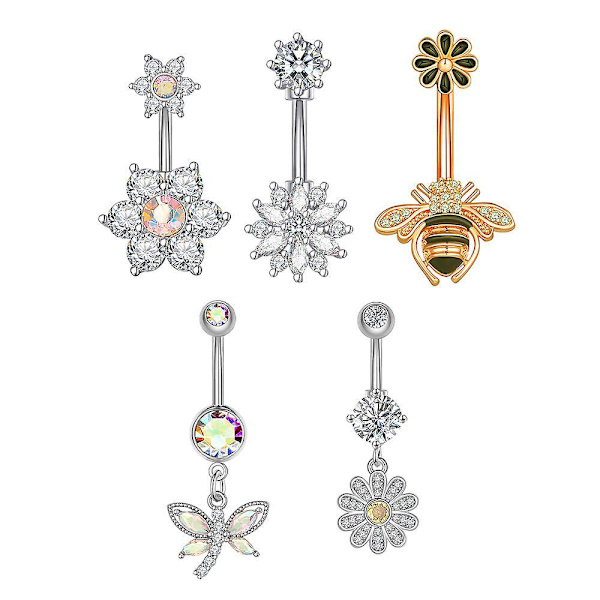 (5-pack) 14 g navelringar i kirurgiskt stål med runda Cubic Zirconia dubbar för piercingar