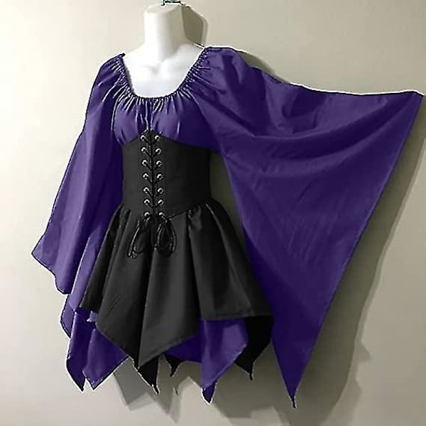 Keskiaikainen renessanssipiraatti korsettimekko naisille, liehuvat hihat, perinteinen irlantilainen lyhyt mekko - Violetti/Musta