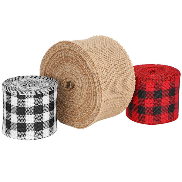 3 rullaa jouluaskartelunauhaa musta punainen musta valkoinen säkkikangas DIY-jousimateriaalit lahjapaketointi (6 cm)