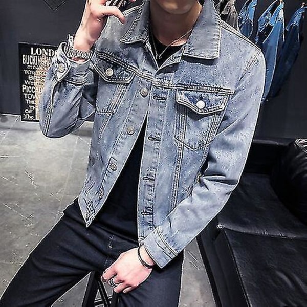 Herr Retro Denimjacka med Hål - Streetwear Motorcykelstil M FÄRG blå