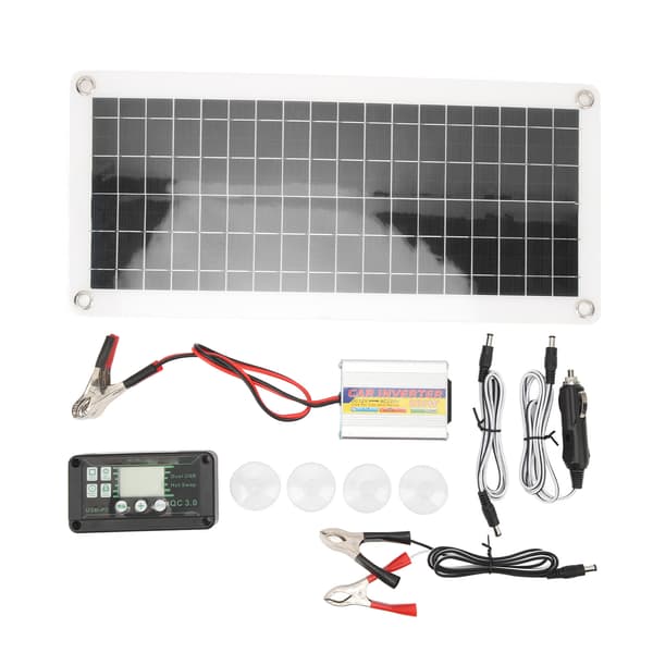 Solcelleanlæg med 220W Inverter 10A Controller Polysilicium 30W Overspændingsbeskyttelse til 12V Bil Autocampere Marine Både