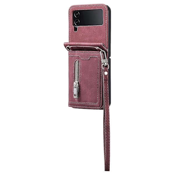 Samsung Galaxy Z Flip4 5g Kotelo Korttipidike Pu Nahka Jalusta Puhelinkuori Käsiremmi-B6 Viininpunainen