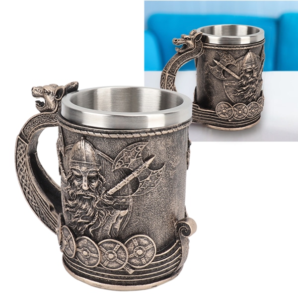 Viking Beer Mug Vintage Suuri kapasiteetti ruostumattomasta teräksestä valmistettu muki hartsiprosessilla koristeet olutkahville L
