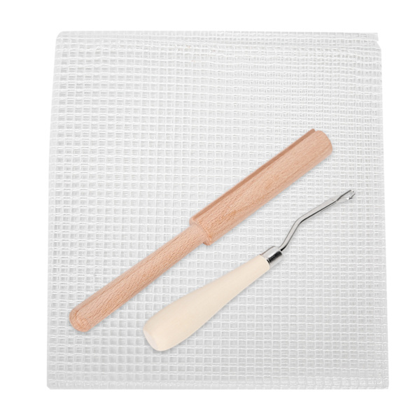 Mesh stof DIY håndlavet tæppe vævet gitterstof materiale 50x50cm træhåndtag hækling