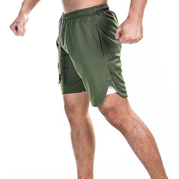 Lett 2-i-1 Løpeshorts for Menn XL, Hurtigttørkende for Trening på Treningssenter - Grønn