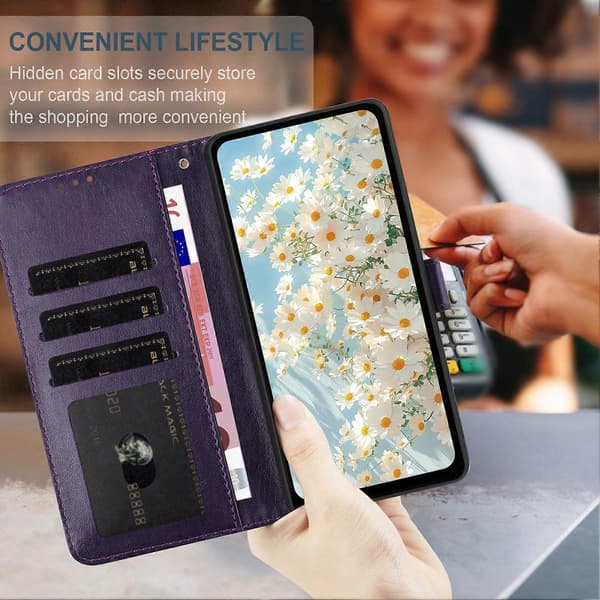 Leather Case with Embossed Daisy Pattern, Wallet Stand, Protective Phone Cover for Samsung Galaxy A56 5G Dark Purple
