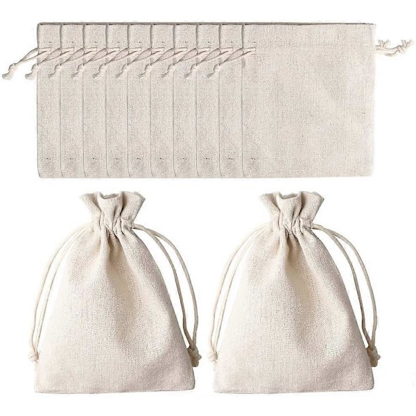12 Pakke Bomullsnettposer med Snøring, 13 x 18cm Gjenbrukbare Jute Poser Gavepose med Snøring for Smykker, Sminke, Mynter, Krydder, Håndverk (Beige)
