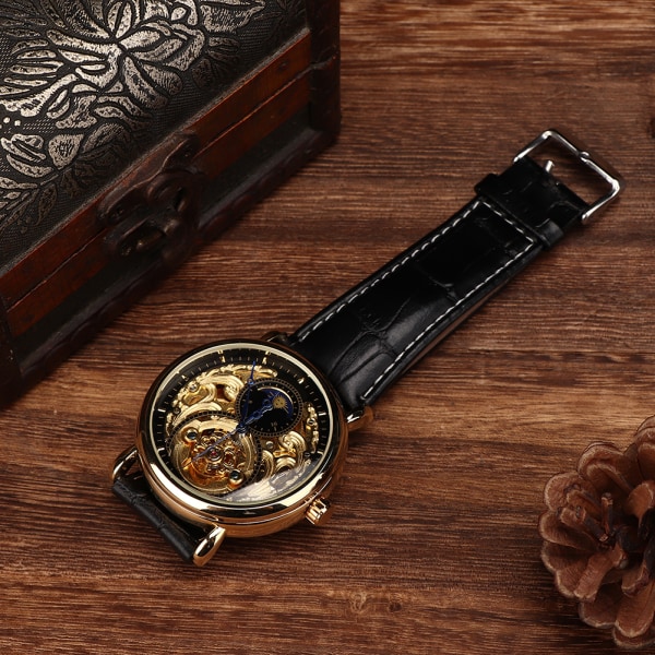 FORSINING Vattentät Automatisk Mekanisk Watch Herr PU Armband Armbandsur Svart Guld