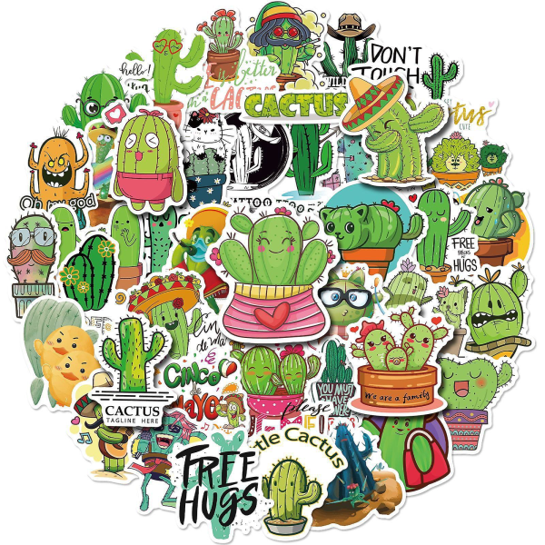 50-delers kaktus- og plantevanntett vinylklistremerkesett for vannflasker, bærbare datamaskiner, DIY, scrapbooking, gaver og bagasje