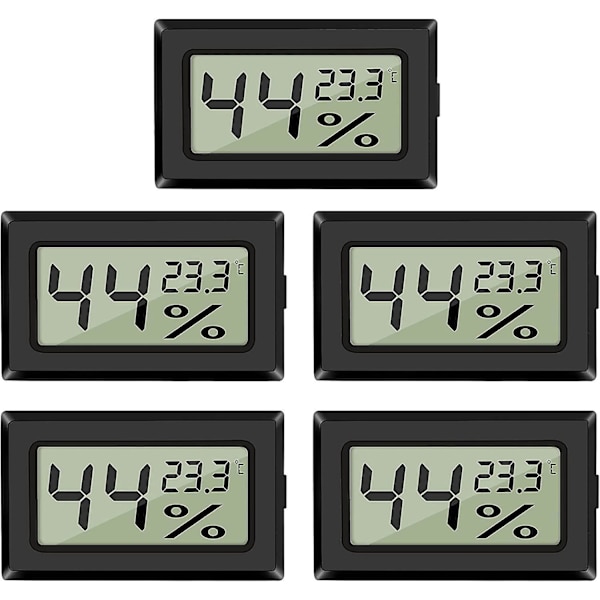 Digitalt hygrometer termometer 5-pakke - LCD-skjerm, mini temperaturmåler og fuktighetsmåler for drivhus, biler, hjem, kontor (svart)