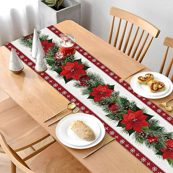 Julebordløper 183 x 33 CM, Røde julebordløpere i lin med røde blomster, juletre og bjelleprint