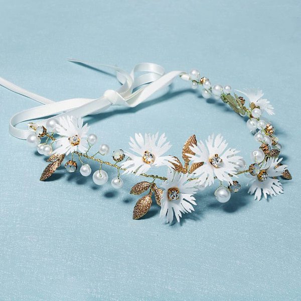 Blommig bröllopsdiadem vit strass falsk pärla glänsande elegant söt brud bröllopshuvudbonad
