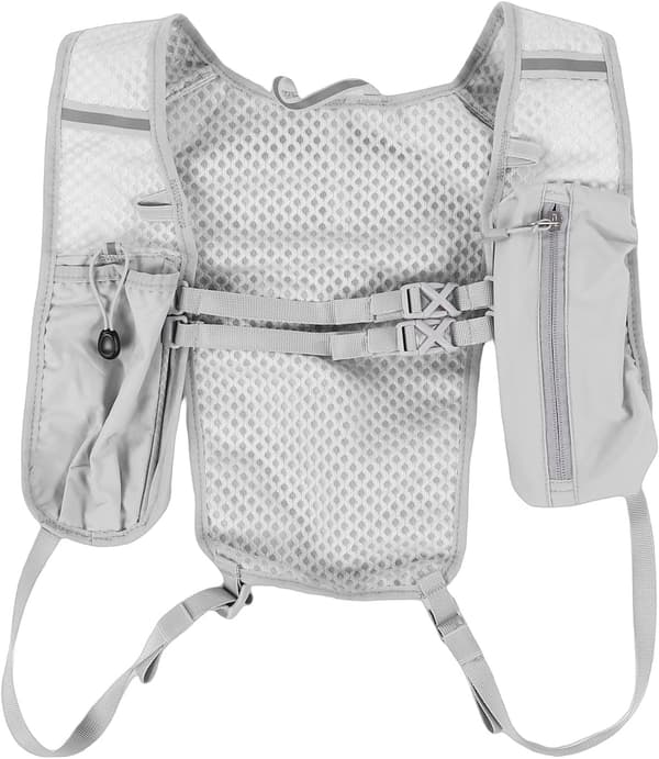 Universal, breathable, ultralight, adjustable running vest backpack with phone pocket; unisex.