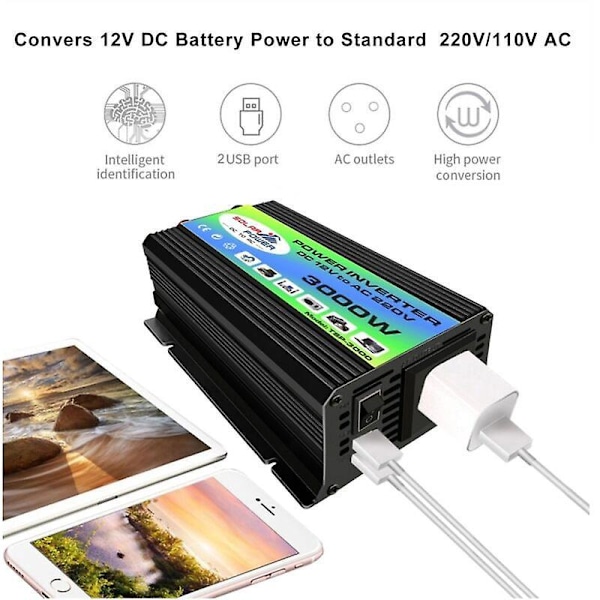 Peak Power 3000W Modifierad Sinusvåg Inverter DC 12V till AC 220V Högfrekvensomvandlare, Svart