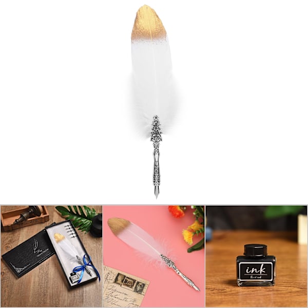European Vintage Feather Fountain Pen Kalligrafia Quill Dip Pen Set Sisustuslahja (valkoinen)