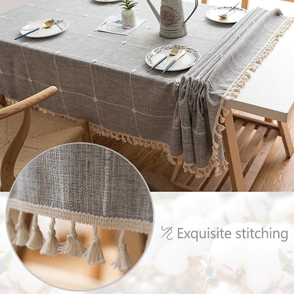 Dammfri Rektangulär Duk med fransar för Kök och Kaffebord Dekoration 140x140cm Rutmönster Grå